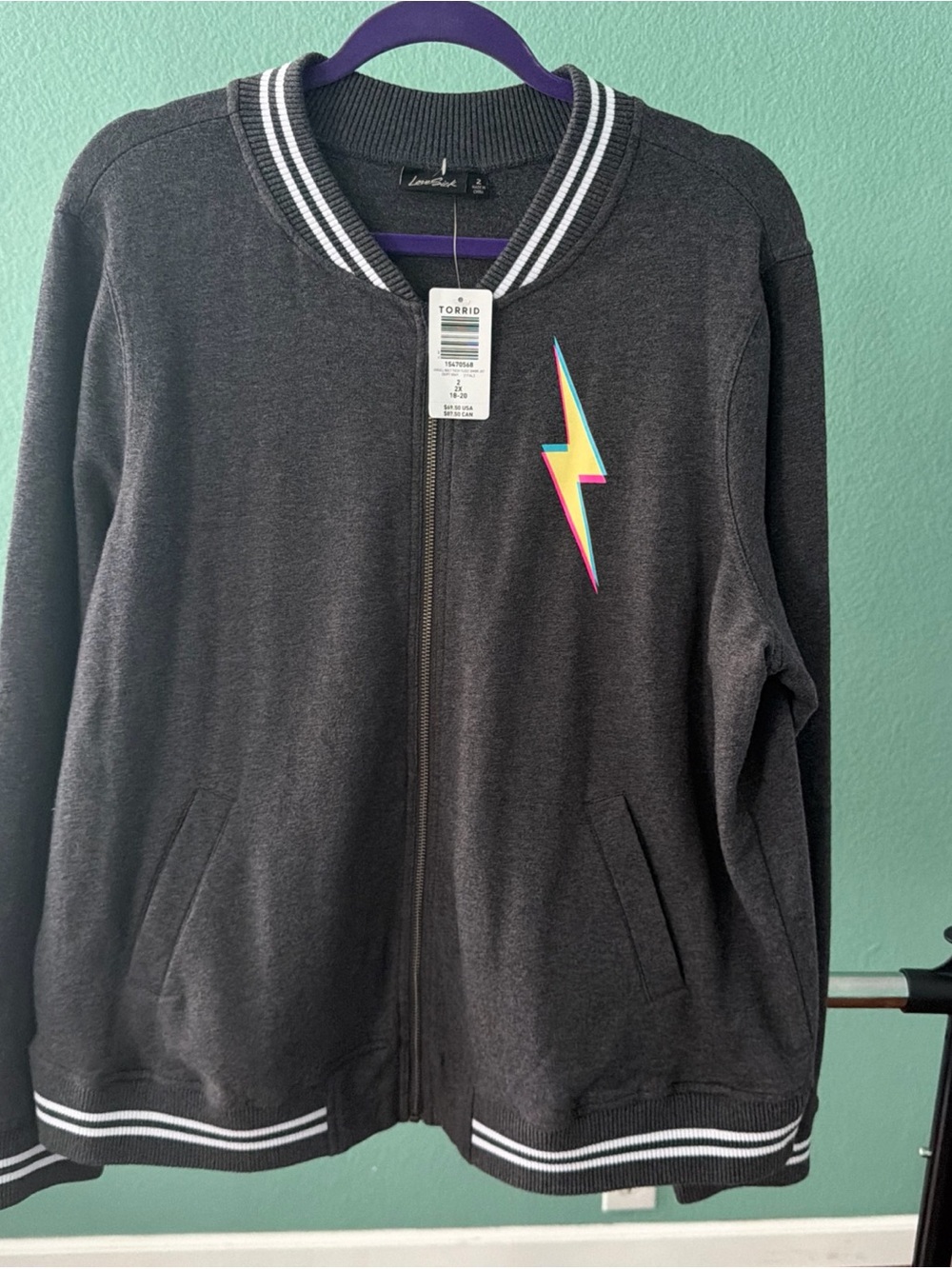 Torrid Relax Bomber Jacket Everyday Fleece Love Stick Skull Bolt Charcoal 2 (2X) - Picture 4 of 7